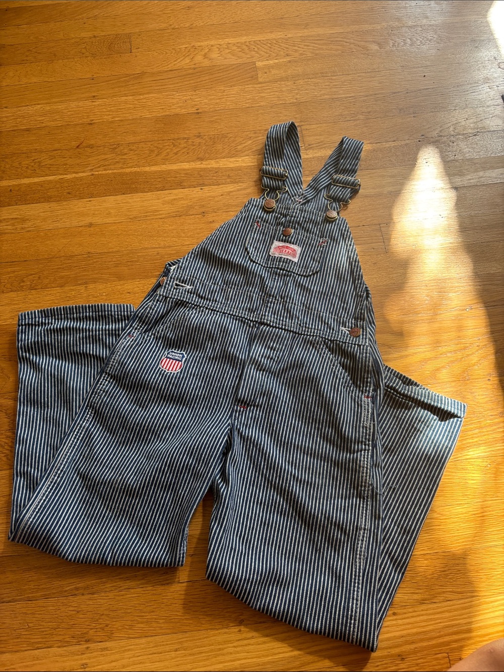 Striped Denim Overalls - Navy/White- kids size 7